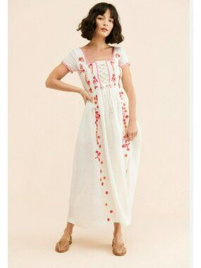 Tach Clothing Raffaella Free People White Pink Linen Floral Embroidered Dress